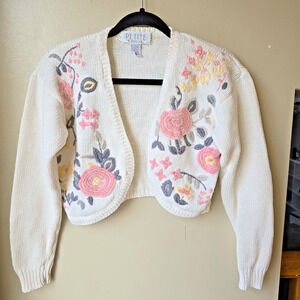VTG Sophisticate Embroidered Cardigan S Petite Cream Floral Granny Cottage